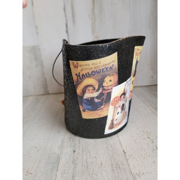 Halloween vintage AS IS bucket cardboard pail cat witch glittered - Picture 2 of 8